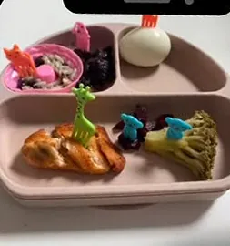Prato infantil dividido com frango, brócolis, ovo e arroz, enfeitado com garfinhos de bichinhos